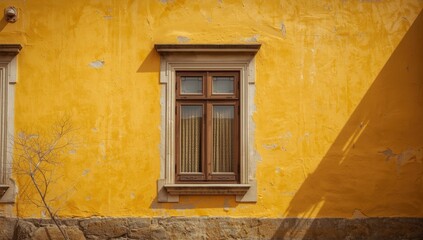 Fototapeta premium Wooden window frame on a yellow concrete facade highlighting building maintenance and architectural style