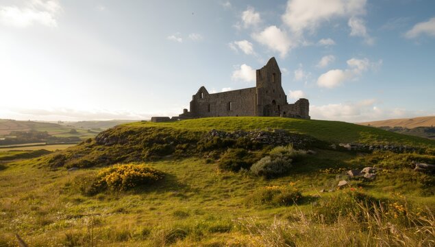 Ruins on a grassy landscape with old stone construction, archaeological site for cultural heritage, World Heritage Day