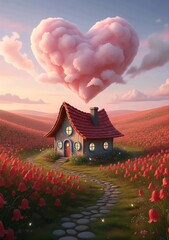 Whimsical Cottage in Red Flower Field with Heart Cloud
