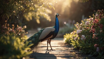 Male peacock with fanned tail showcasing iridescent colors, highlighting ornamental plumage