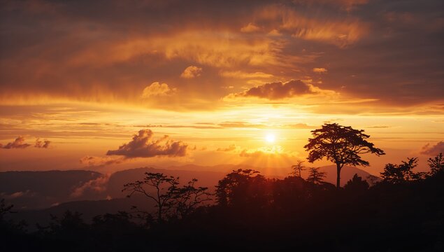 Jerai Hill sunrise scene featuring tree and cloud silhouettes, highlighting morning light and landscape