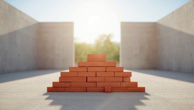Stack of red bricks ready for masonry work, construction efficiency