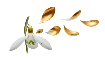 A serene white flower with golden petals falling around it, capturing a delicate moment in a peaceful environment from a front viewpoint.