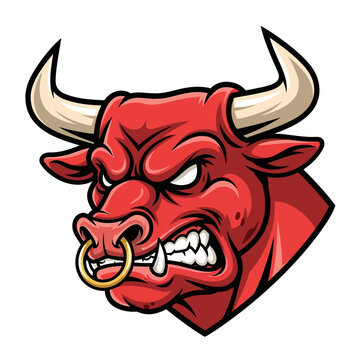 Fierce Red Bull Head Illustration with Ring in Nose and Angry Expression