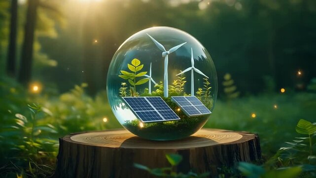 A transparent crystal globe sitting on a wooden stump in a green forest