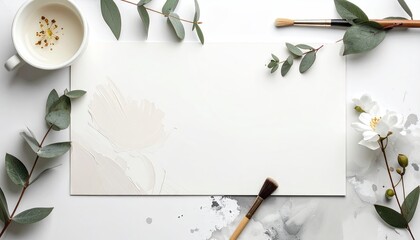 Artistic flat lay of art supplies including a blank canvas two paintbrushes and a cup of water surrounded by eucalyptus leaves and white flowers on a white background with paint splatters