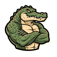 Obraz premium Powerful cartoon alligator mascot with strong muscular build and determined expression, arms crossed, embodying resilience and fierce competitiveness for sports branding or team emblem designs