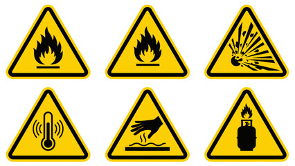 Vector icons Set of six yellow triangular warning signs indicating various hazards such as fire explosion high temperature and corrosive materials. Vector Illustration. EPS Editable