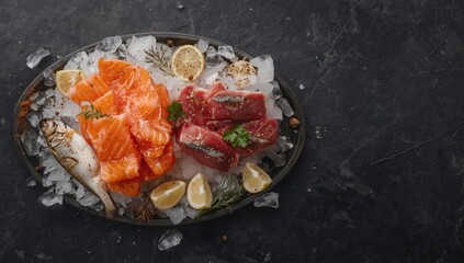 Variety of raw fish fillets such as pangasius and salmon, chilled with ice and spices for culinary use, International Day of Fish and Aquatic Animals