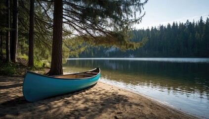 Fototapeta premium Blue canoe on tranquil lakeshore beneath pine trees, ideal for editorial header backgrounds