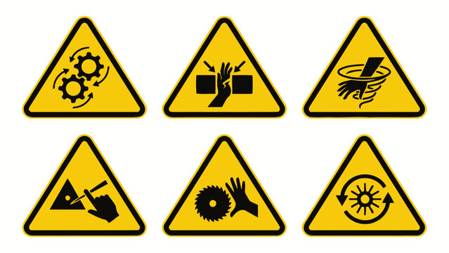 Vector icons Set of six yellow triangular warning signs for industrial safety. Vector Illustration. EPS Editable
