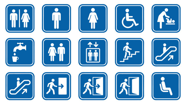 Vector icons Collection of Blue and White Public Information Signs for Various Facilities and Services. Vector Illustration. EPS Editable