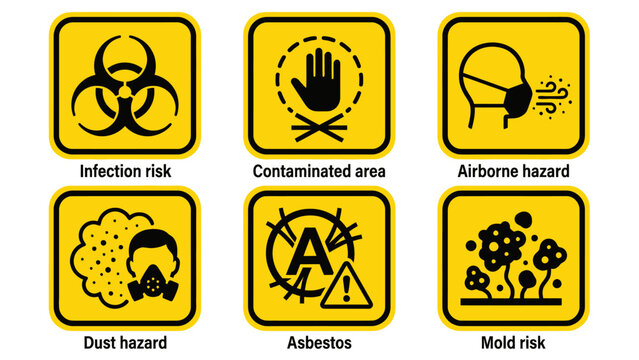 Vector icons Set of six yellow warning signs for various hazards including infection contamination airborne dust asbestos and mold risks. Vector Illustration. EPS Editable