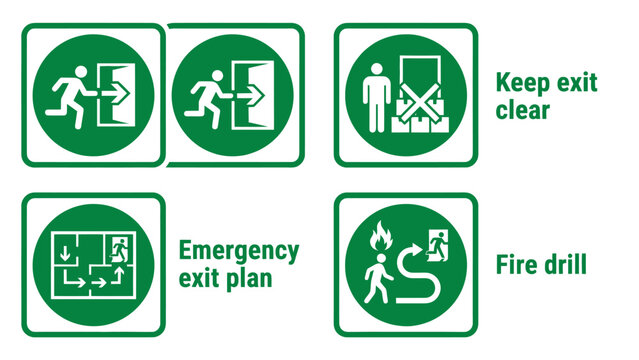 Vector icons Collection of five green and white emergency and safety signs including exit keep exit clear emergency exit plan and fire drill symbols. Vector Illustration. EPS Editable