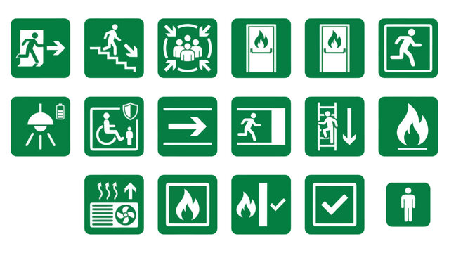Vector icons Collection of Green and White Emergency Exit and Safety Signs. Vector Illustration. EPS Editable
