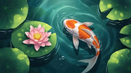 Koi fish swimming near pink lotus flower in serene pond