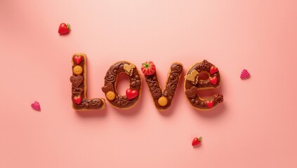 Decorative chocolate donut and biscuits spelling love on pastel pink backdrop, highlighting sweet treat presentation