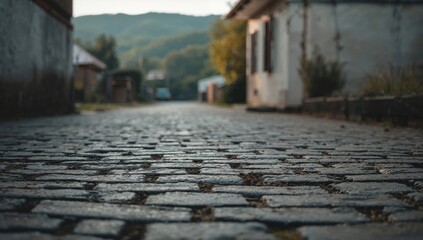 Road surface with concrete blocks beside residential wall highlighting texture and architectural elements, urban development focus