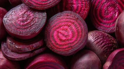 Slices of deep purple beets are laid out together on a surface. The unique rings and texture of each slice are clearly visible in the warm afternoon light.