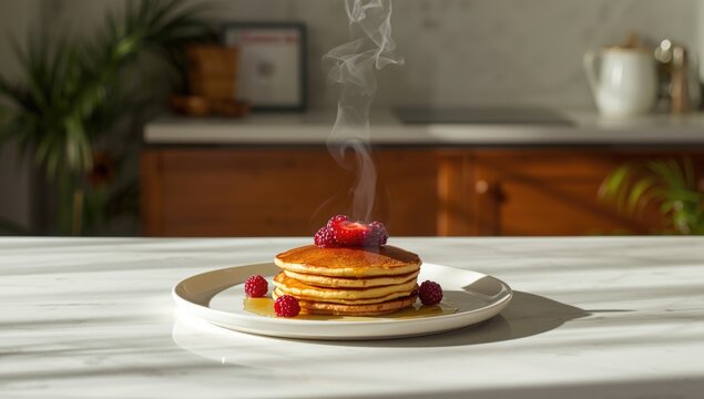 Healthy gluten-free pancake stack with jam and Maple syrup, featuring bio ingredients, suitable for wholesome dining