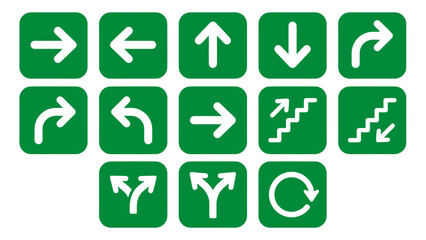 Vector icons Set of green square icons with white arrows indicating various directions and movements. Vector Illustration. EPS Editable
