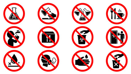Set of laboratory safety signs warning symbols for chemical and biological hazards no food no drink no open flames no unauthorized entry no smoking no littering no direct contact no hand washing