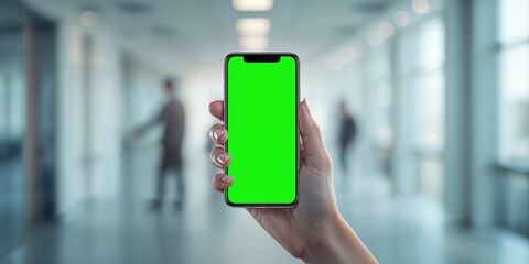 Close-up of a hand gripping a smartphone with a green screen, serving as a layout for mobile UI testing, World Digital Accessibility Week