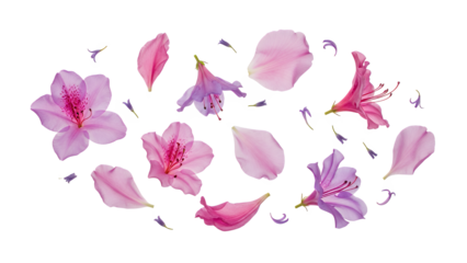Floating flower petals arranged in a circular pattern, showcasing wisteria blooms and fragments against a white background from a direct viewpoint.