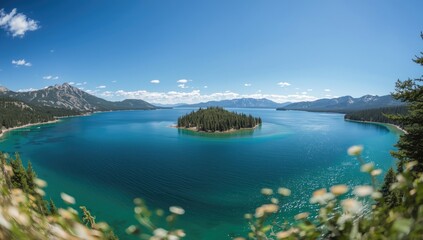 Obraz premium South Lake Tahoe's Emerald Bay featuring pristine water and lush greenery, ideal for nature-themed UI backgrounds