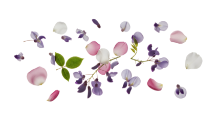 A serene floral arrangement of wisteria and azalea flowers floating gently in mid-air against a white background