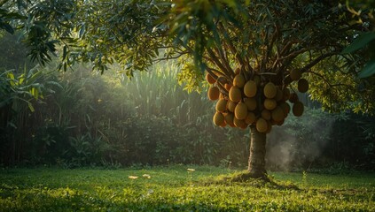Durian harvest in progress, highlighting fruit collection and ripening stage