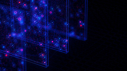 Closeup of Neural network model, LLM structure complex. AI big data processing technological concept backdrop. Machine learning abstract background. Digital quantum computing.