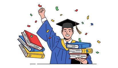 Graduation Celebration Vector Illustration with Graduate Student, Books and Confetti &ndash; Education Success Concept