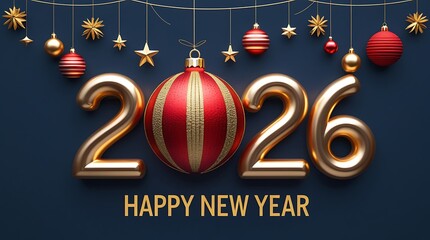 Happy new year 2026 greeting card with large golden numbers and red christmas ornament ball hanging on dark blue background with festive decorations stars and holiday baubles for winter celebration