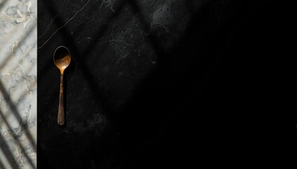 Black table surface with wooden utensils arranged for restaurant menu design, functional text layout backdrop