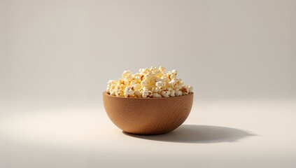 Fresh popped popcorn served in a wooden bowl on a white background, suitable for layout or editorial use