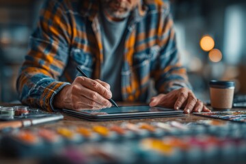 Creative professional drawing on a digital tablet with a stylus, surrounded by color swatches