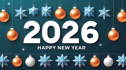 Happy new year 2026, luxurious greeting with golden baubles and blue stars adorning dark teal background, complemented by radiant light rays and sparkling stars, celebrating new beginnings