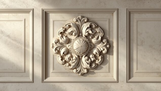 White wall featuring intricate stucco mouldings and rococo motifs, suitable for classical interior decor, World Art Day