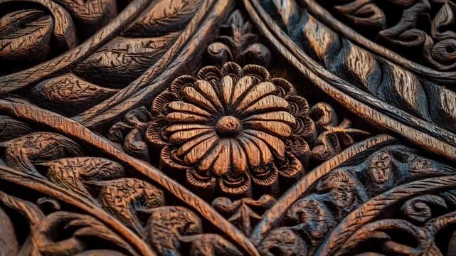 Closeup of traditional incised ornamental designs on wood featuring intricate handcrafted floral and geometric patterns with rich texture and fine detail.