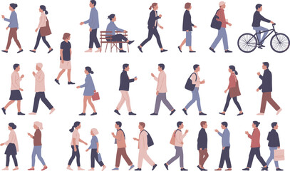 Urban lifestyle illustration, diverse people walking, standing, cycling, sitting, interacting in public space, flat design, minimalistic, modern city scene © Creative World