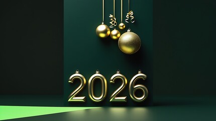 Symmetrical studio shot of golden 2026 year typography perfectly aligned below hanging christmas baubles on deep background