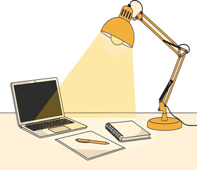 Modern Workspace Illustration with Laptop and Glowing Desk Lamp