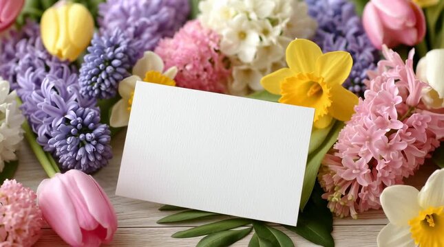 Colorful spring flowers with blank card on wooden table, festive floral arrangement for Women's Day, Easter, or first day of spring