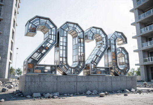 Futuristic 2024 sculpture in modern cityscape with glass architecture - Powered by Adobe