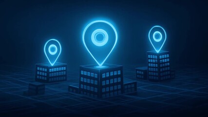 Blue glowing location pin building city map navigation digital technology futuristic smart city urban GPS neon network 3D illuminated virtual pointer geolocation data connection modern aerial view - Powered by Adobe
