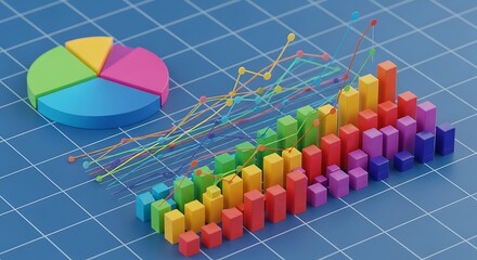 Colorful 3d bar chart and pie chart with line graph overlay on a blue grid background, representing data analysis and statistics