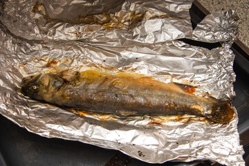  smoked trout fried in aluminum foil