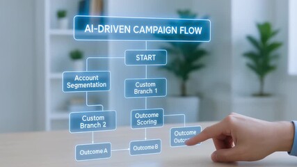 AI driven campaign flow business strategy digital marketing flowchart hand pointing decision making office background technology concept data analysis workflow segmentation outcome scoring custom