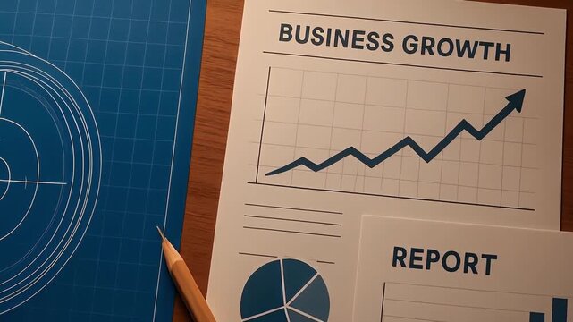 Business growth report charts graphs pencil blueprint wooden table success progress finance planning analysis technical optical scope desk showing strategic development and financial planning insights